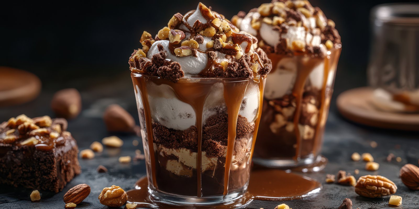 Delicious dessert treats featuring layers of chocolate, ice cream, and nuts served in elegant glasses